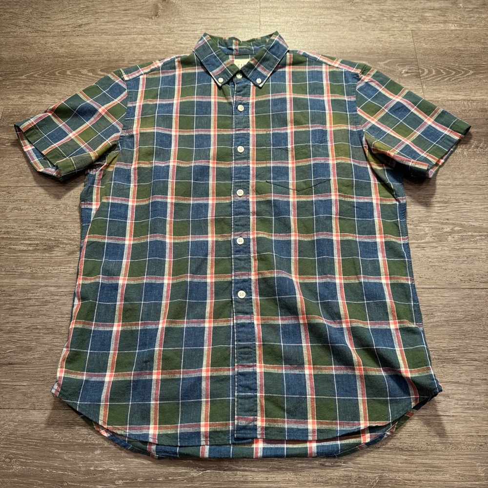 Gap Shirt Mens Medium Blue Green Plaid Oxford Cotton Short‎ Sleeve Button UP